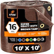 XPOSE SAFETY 10' x 10' Super Heavy Duty 16 Mil Brown Poly Tarp -Waterproof, Grommets and Reinforced Edges BHD-1010-A